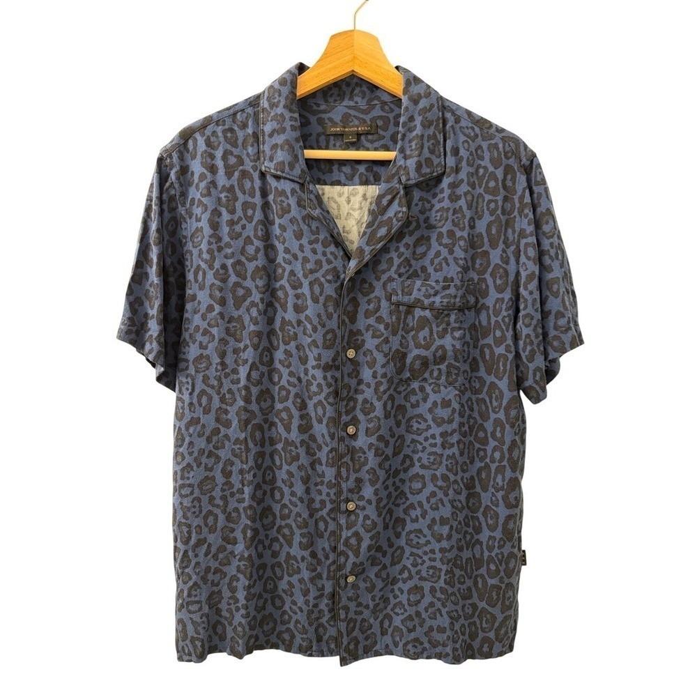 John Varvatos Blue Leopard-Print Short Sleeve Button-Down Shirt - Picture 1 of 5